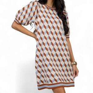 Voy Geometric Patterned Knit Dress Brown Baby Blue and Cream Tan Size S